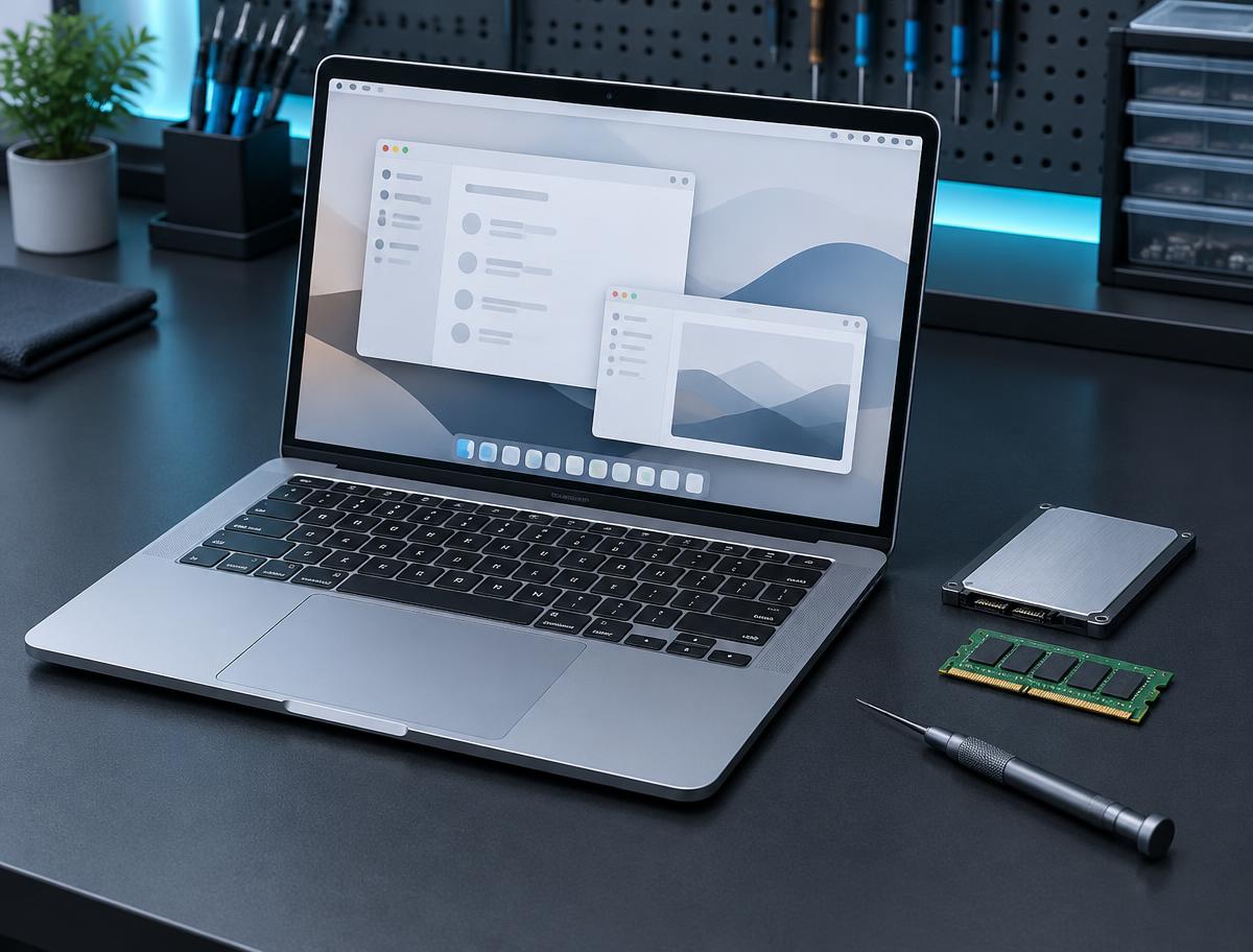 Laptop, SSD und Arbeitsspeicher auf einer aufgeräumten Werkbank